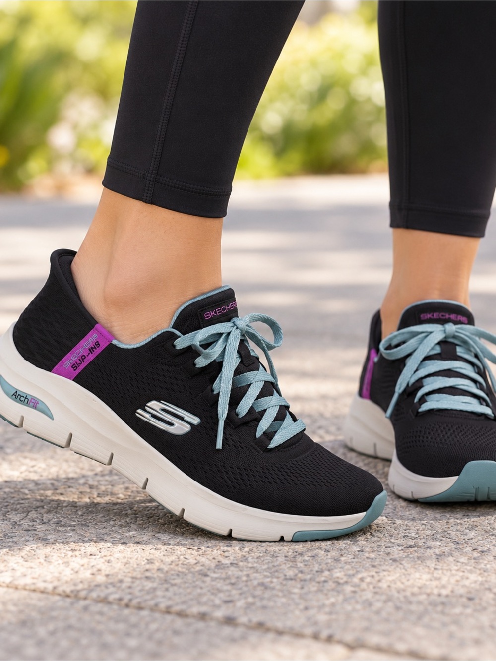Skechers Black Slip-On Athletic Sneakers with Mint Laces and Purple Accents